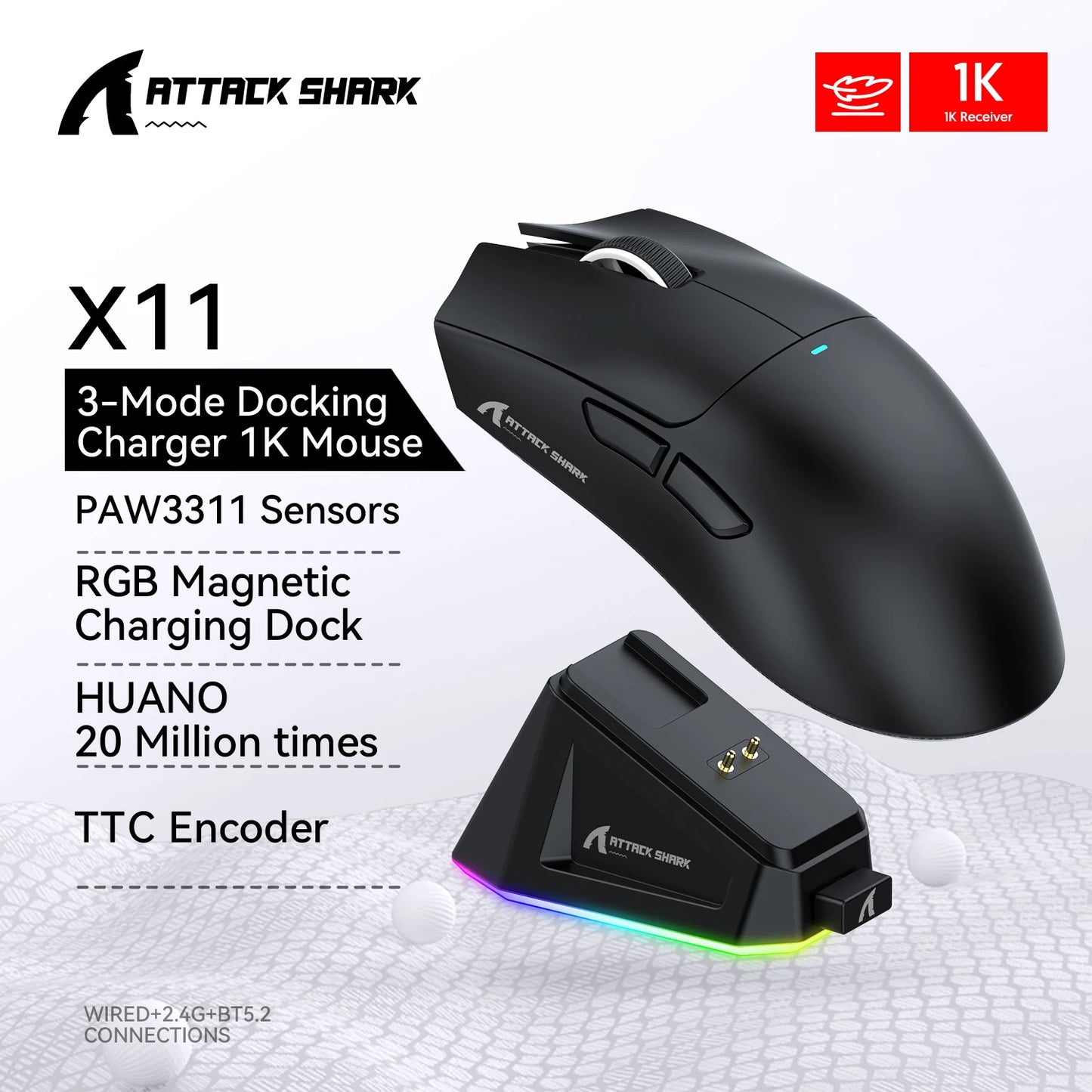 Attack Shark X11 Wireless Mouse,Bluetooth/2.4G/wired Tri-Mode Mouse ,PAW3311 RGB Magnetic charging dock Gaming Mouse