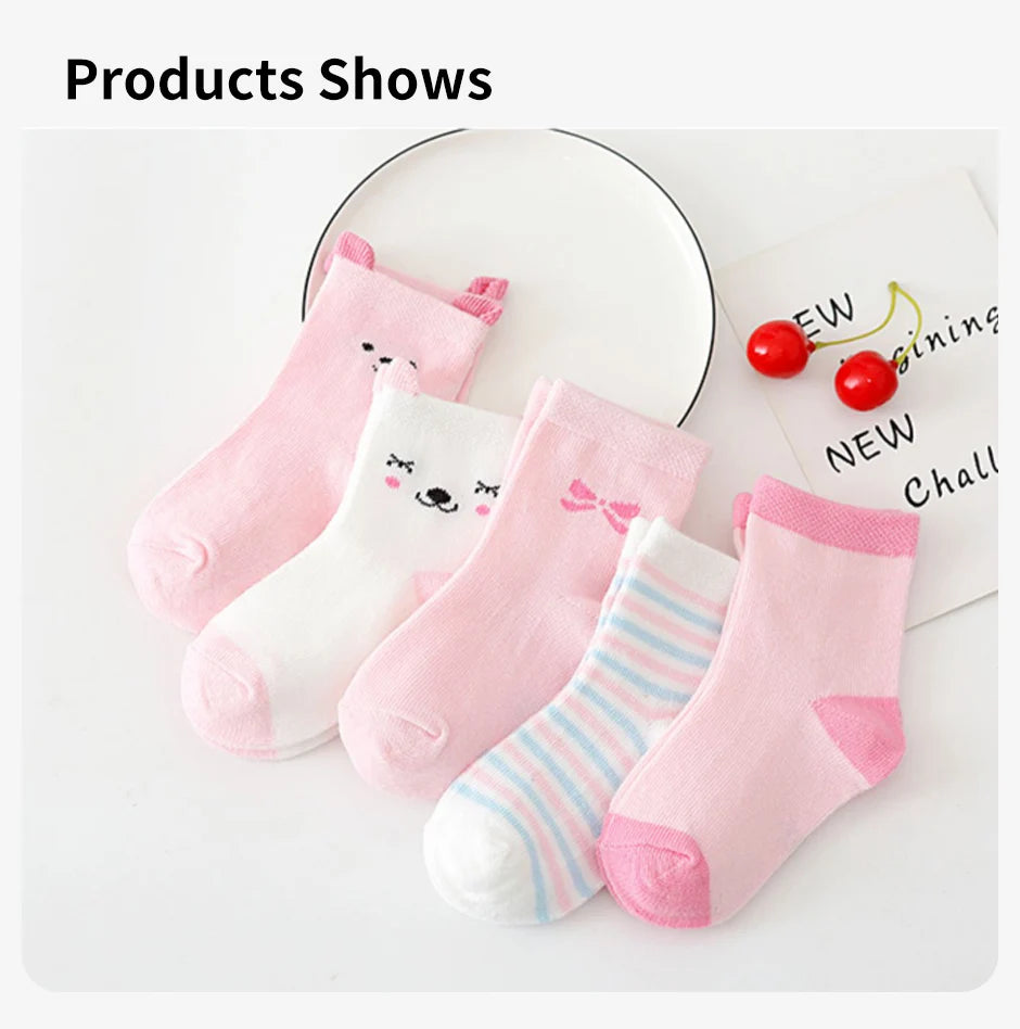 5 Pairs Cartoon Baby Socks Spring Autumn Stripe Dot Girls Boys Ankle Socks Soft Toddler Kids Short Socks