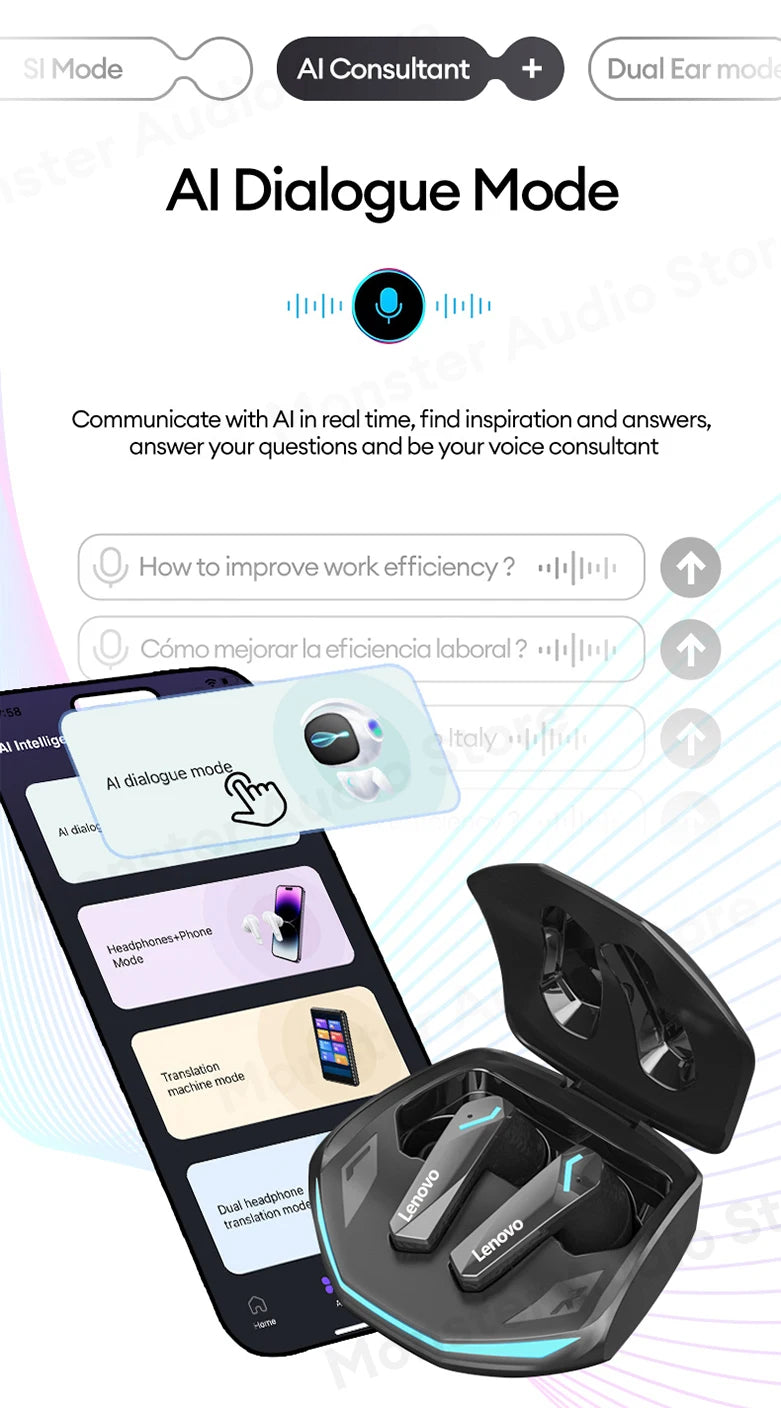 Lenovo GM2 PRO AI Anti-loss Wireless Bluetooth Headphones Customized tap Control Earphones Instant Translation Earbuds