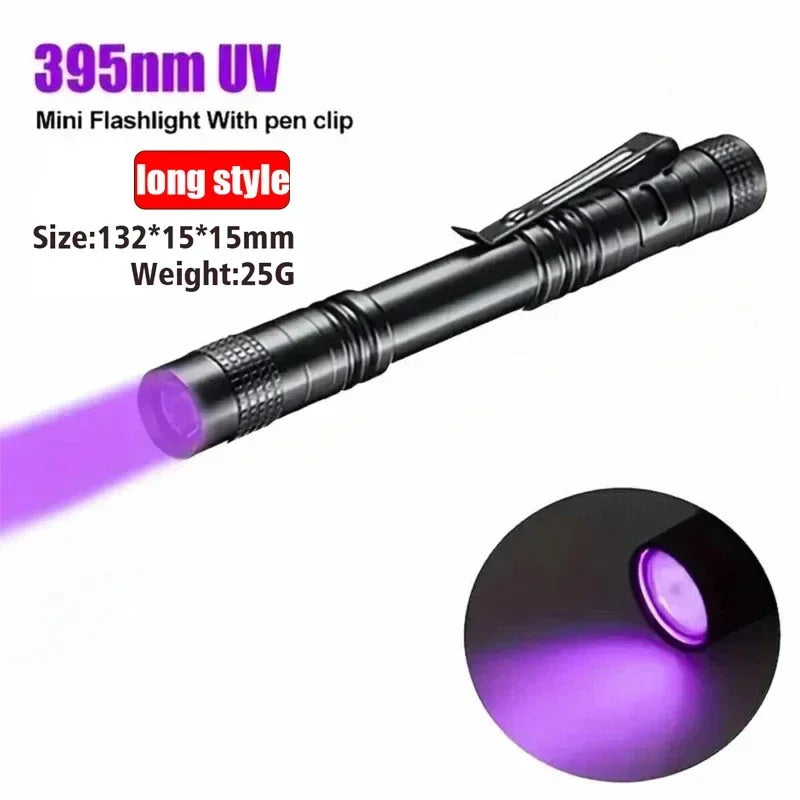 365nm UV Flashlight Ultraviolet Torch With Pen Clip Portable Violet Light Pet Urine Scorpion Detector UV Lamp Use AAA Batteries