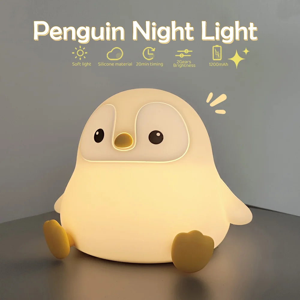 Cute Penguin Night Light for Kids Bedroom Rechargeable Animal Silicone Nursery Night Lamp Touch Control Nightlight for Baby Gift