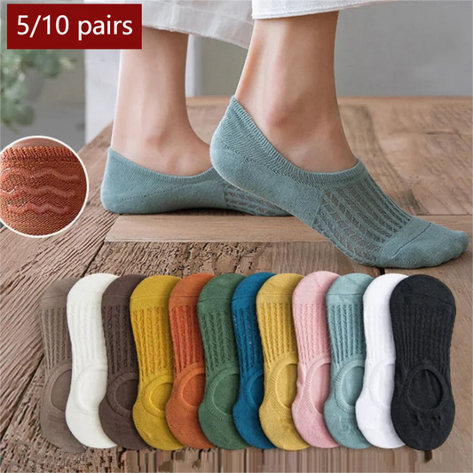 5/10 Pairs Socks women's Summer Invisible Short No Show Fashion Lace Breathable Silicone Non-slip Cotton Boat Socks