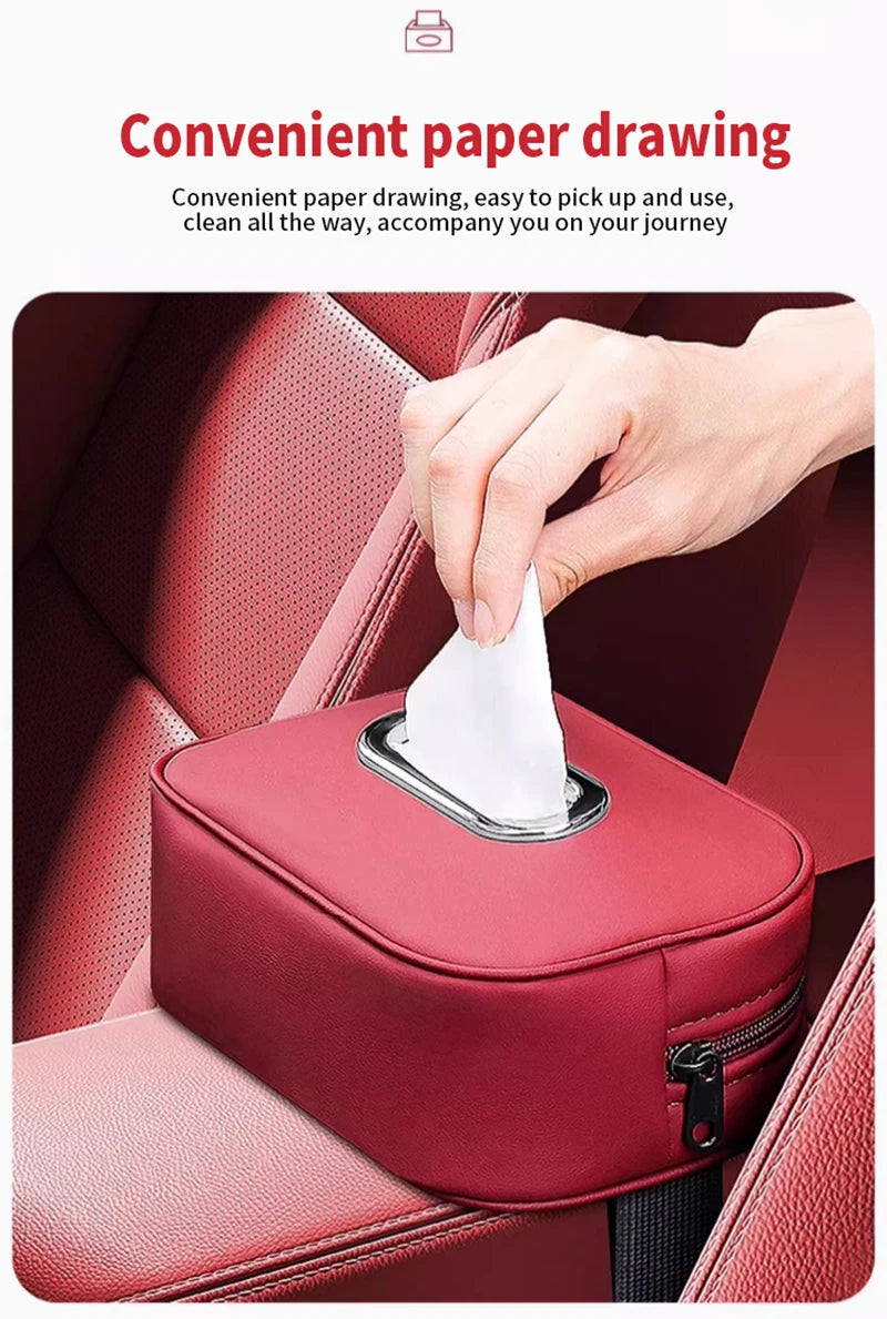 Car Tissue Box Holder - Microfiber Leather Center Console Armrest Napkin Box, Sun Visor, Backseat Tissue Case with Strap.