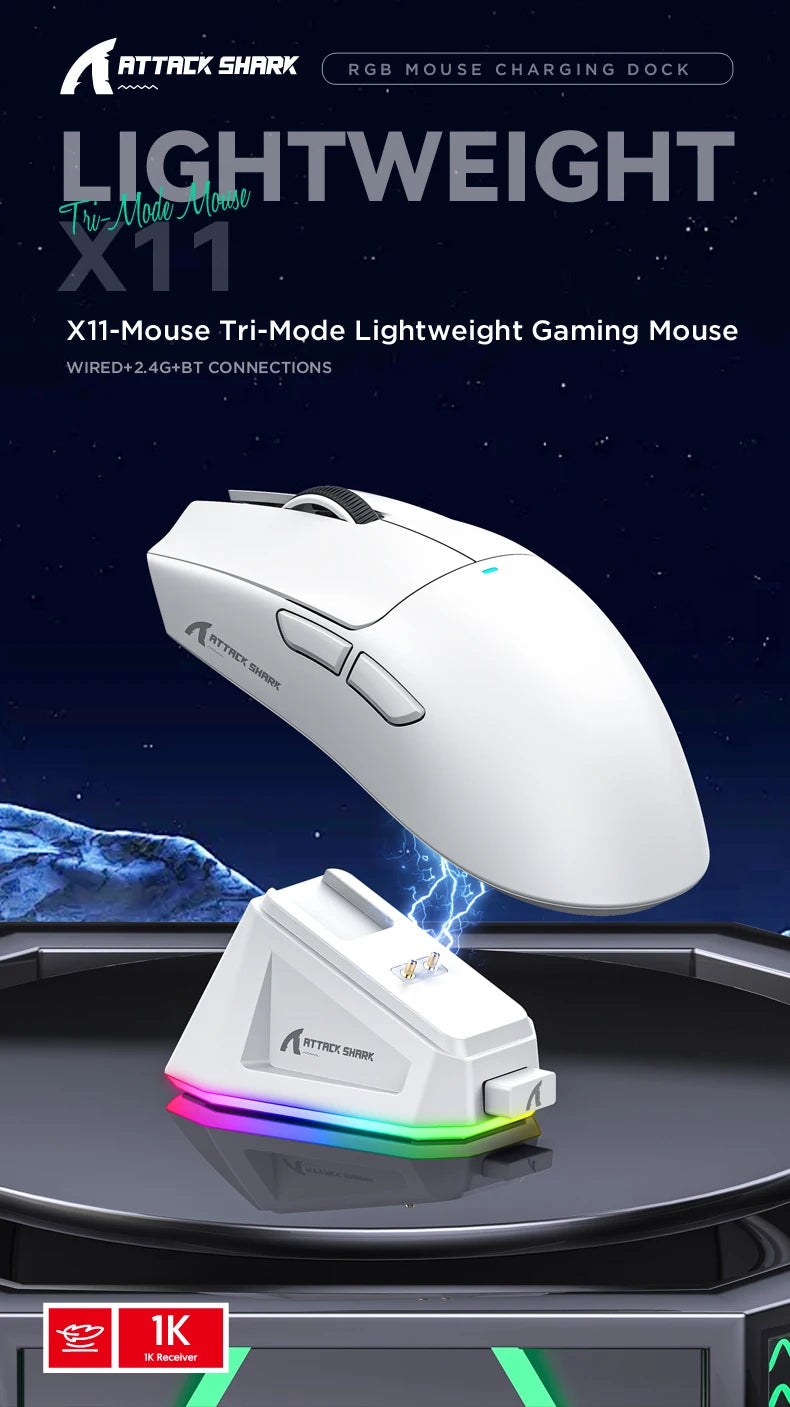 Attack Shark X11 Wireless Mouse,Bluetooth/2.4G/wired Tri-Mode Mouse ,PAW3311 RGB Magnetic charging dock Gaming Mouse