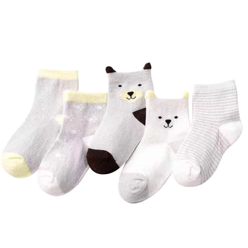 5 Pairs Cartoon Baby Socks Spring Autumn Stripe Dot Girls Boys Ankle Socks Soft Toddler Kids Short Socks