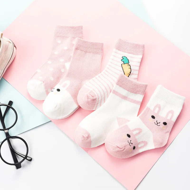 5 Pairs Cartoon Baby Socks Spring Autumn Stripe Dot Girls Boys Ankle Socks Soft Toddler Kids Short Socks