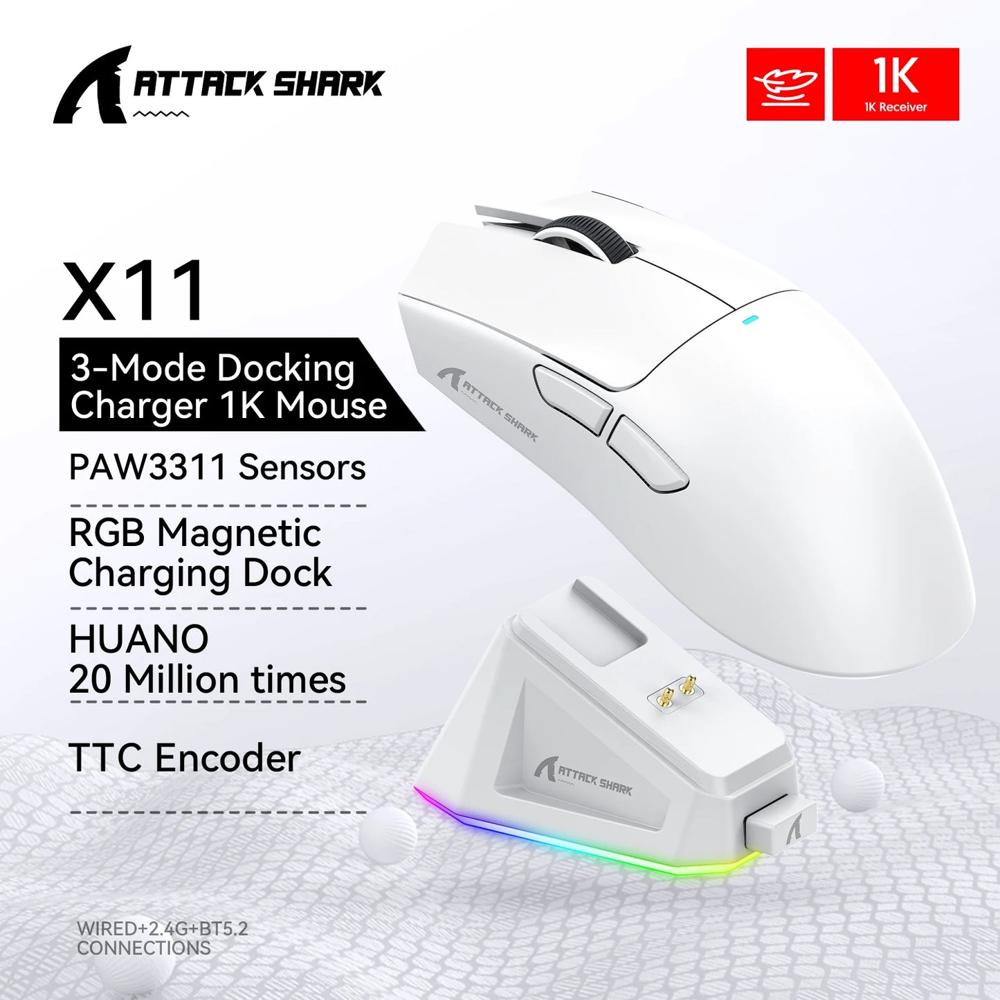 Attack Shark X11 Wireless Mouse,Bluetooth/2.4G/wired Tri-Mode Mouse ,PAW3311 RGB Magnetic charging dock Gaming Mouse