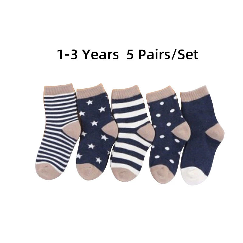 5 Pairs Cartoon Baby Socks Spring Autumn Stripe Dot Girls Boys Ankle Socks Soft Toddler Kids Short Socks