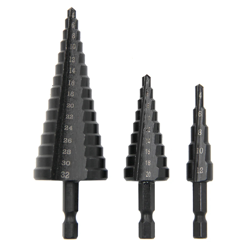 Hexagonal shank straight groove black step drill bit 3-12/4-12/4-20/4-32mm reaming step drill tower drill tool set