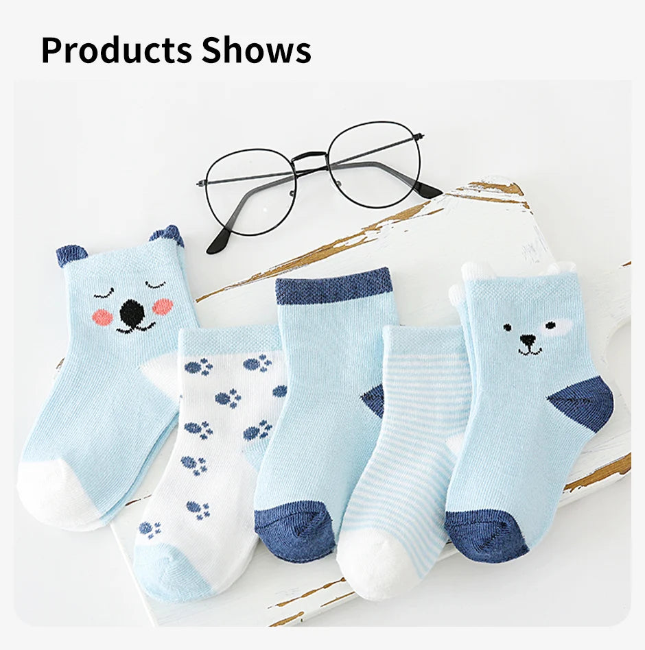 5 Pairs Cartoon Baby Socks Spring Autumn Stripe Dot Girls Boys Ankle Socks Soft Toddler Kids Short Socks