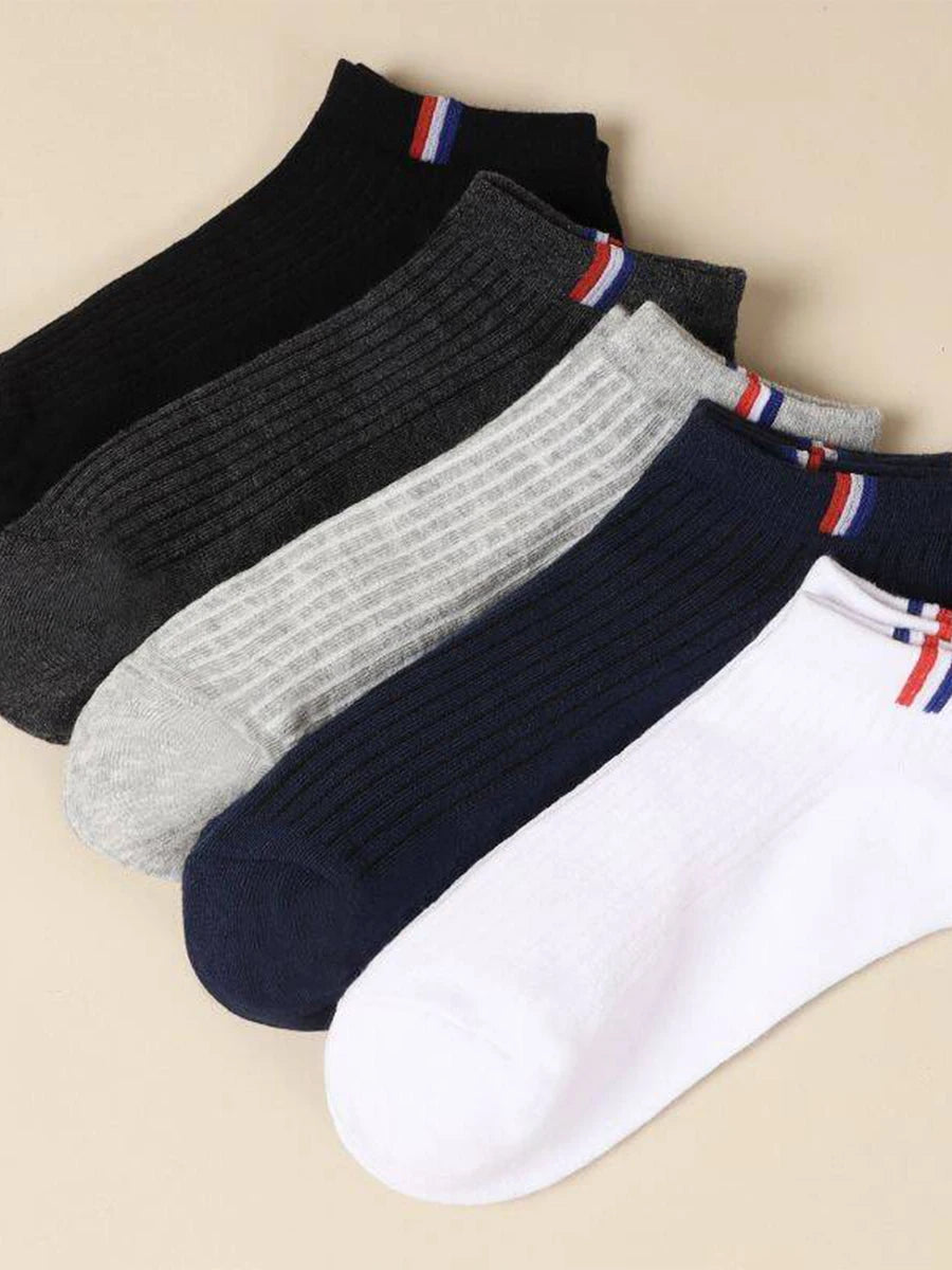 5 Pairs Thin Boat Socks Summer Blending Plain Color Mens Casual Breathable Sweat Absorbing Calibration