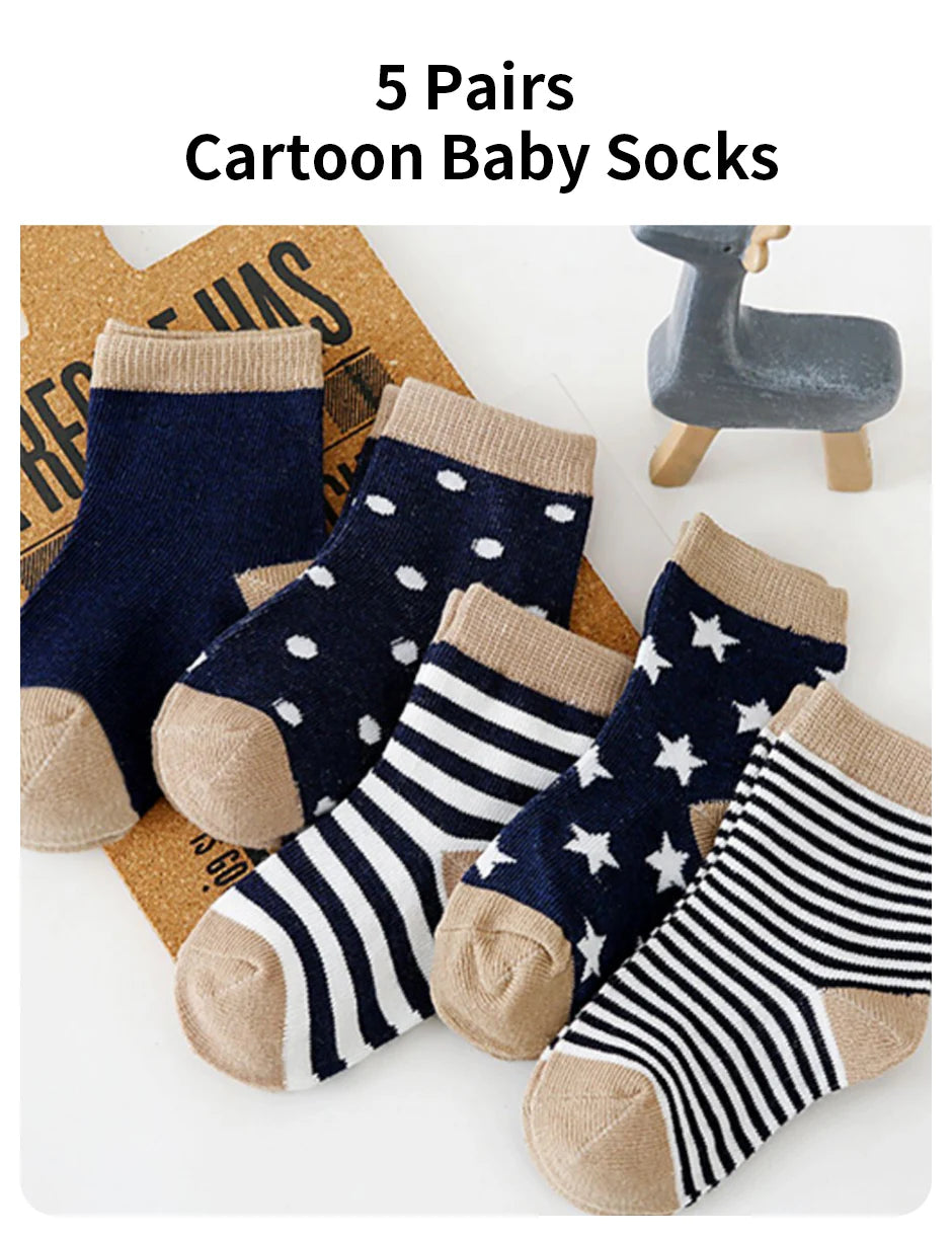 5 Pairs Cartoon Baby Socks Spring Autumn Stripe Dot Girls Boys Ankle Socks Soft Toddler Kids Short Socks