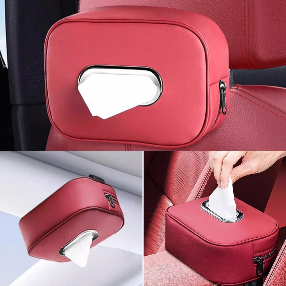 Car Tissue Box Holder - Microfiber Leather Center Console Armrest Napkin Box, Sun Visor, Backseat Tissue Case with Strap.