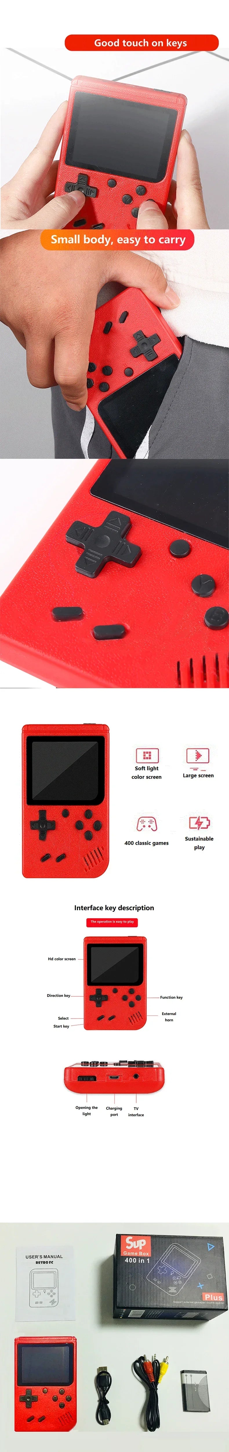 Red Retro Classic Games Children's Handheld Small Game Console With 400 Game Charging Can Be Connected To The TV