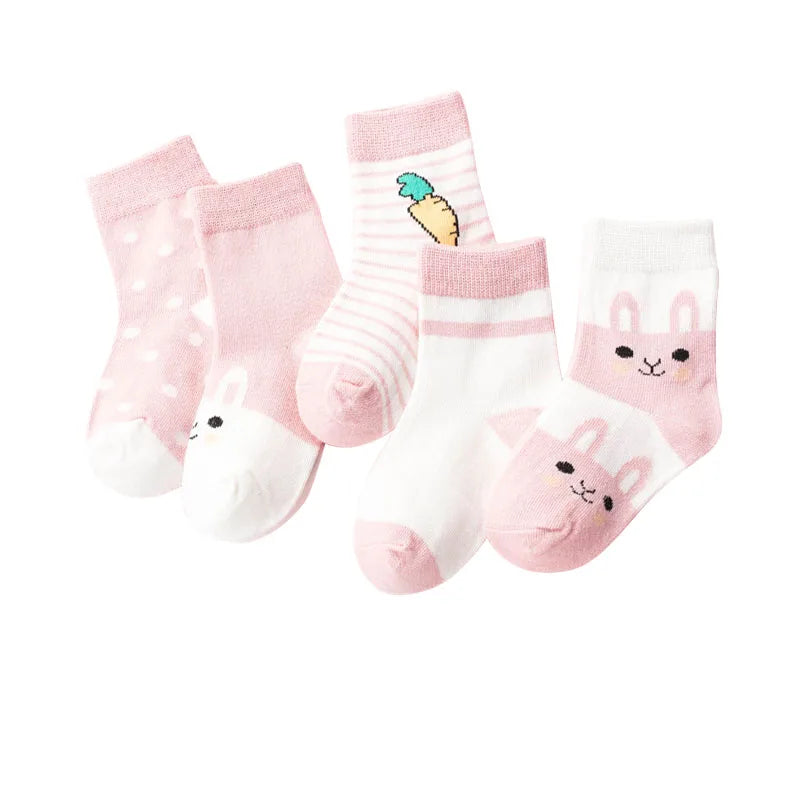 5 Pairs Cartoon Baby Socks Spring Autumn Stripe Dot Girls Boys Ankle Socks Soft Toddler Kids Short Socks