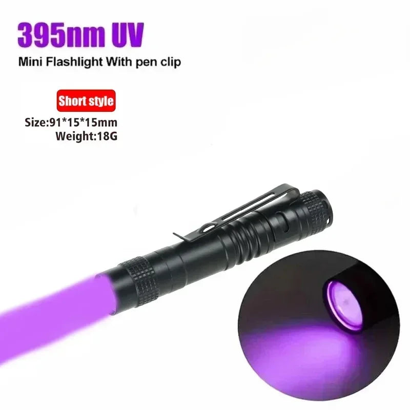 365nm UV Flashlight Ultraviolet Torch With Pen Clip Portable Violet Light Pet Urine Scorpion Detector UV Lamp Use AAA Batteries