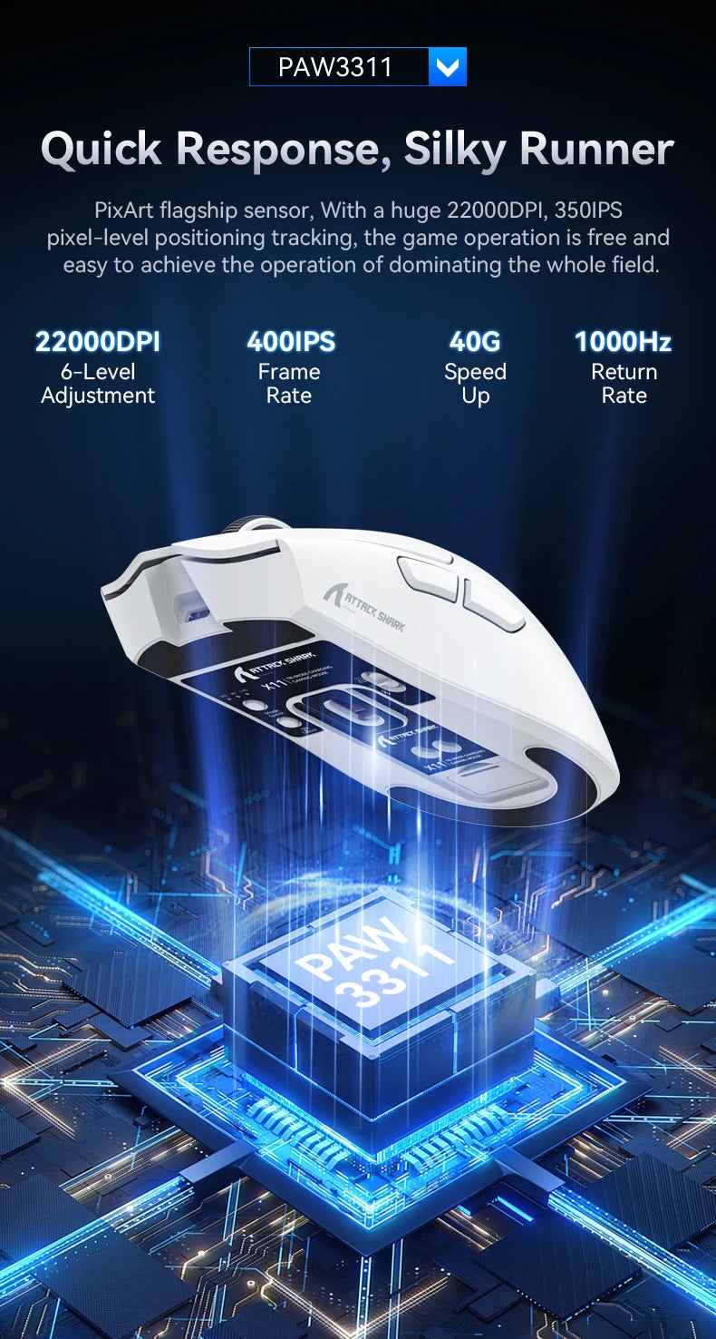 Attack Shark X11 Wireless Mouse,Bluetooth/2.4G/wired Tri-Mode Mouse ,PAW3311 RGB Magnetic charging dock Gaming Mouse