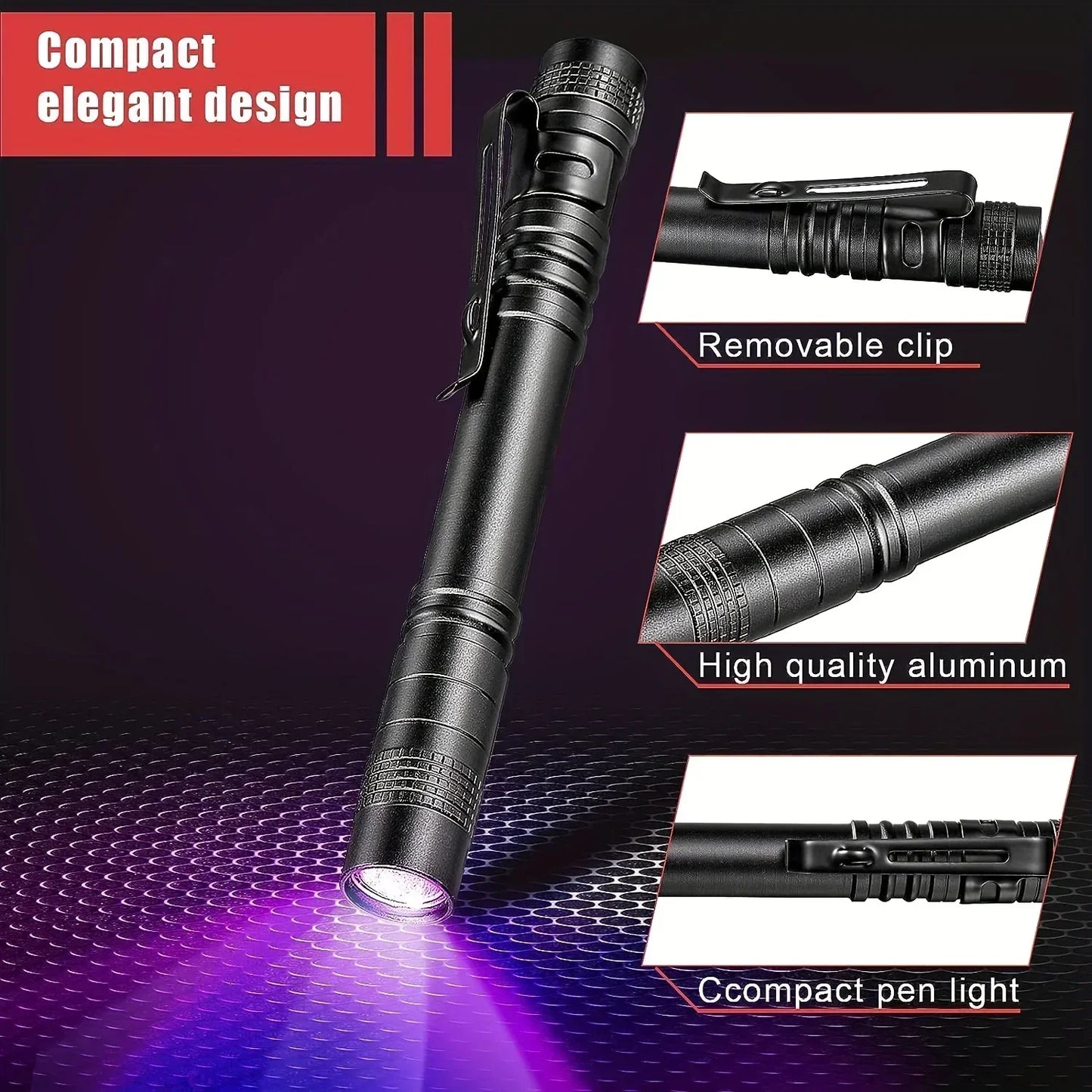 365nm UV Flashlight Ultraviolet Torch With Pen Clip Portable Violet Light Pet Urine Scorpion Detector UV Lamp Use AAA Batteries