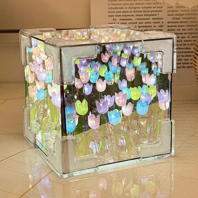 DIY Handmade Tulip Mirror Cube Lamp Simulation Flower Bedroom Sleeping Table Lamp Craft Tulips Mirror Night Light Birthday Gift