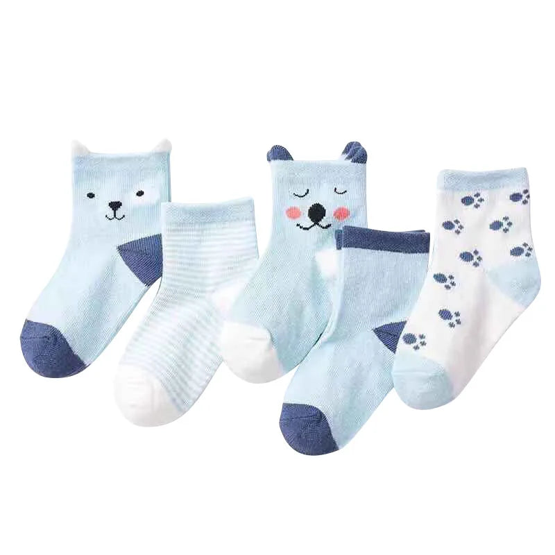 5 Pairs Cartoon Baby Socks Spring Autumn Stripe Dot Girls Boys Ankle Socks Soft Toddler Kids Short Socks