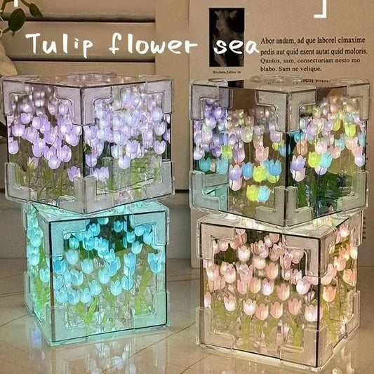 DIY Handmade Tulip Mirror Cube Lamp Simulation Flower Bedroom Sleeping Table Lamp Craft Tulips Mirror Night Light Birthday Gift