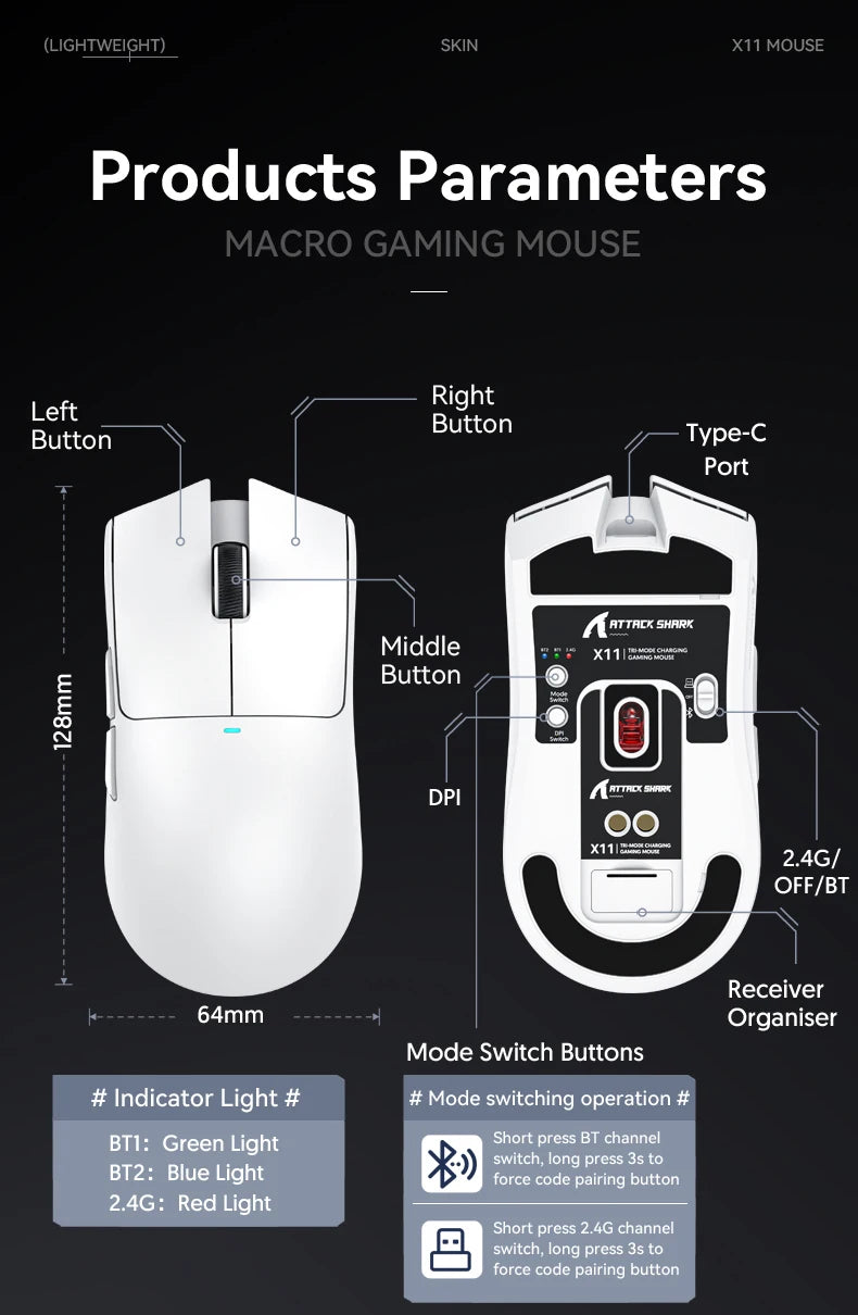 Attack Shark X11 Wireless Mouse,Bluetooth/2.4G/wired Tri-Mode Mouse ,PAW3311 RGB Magnetic charging dock Gaming Mouse