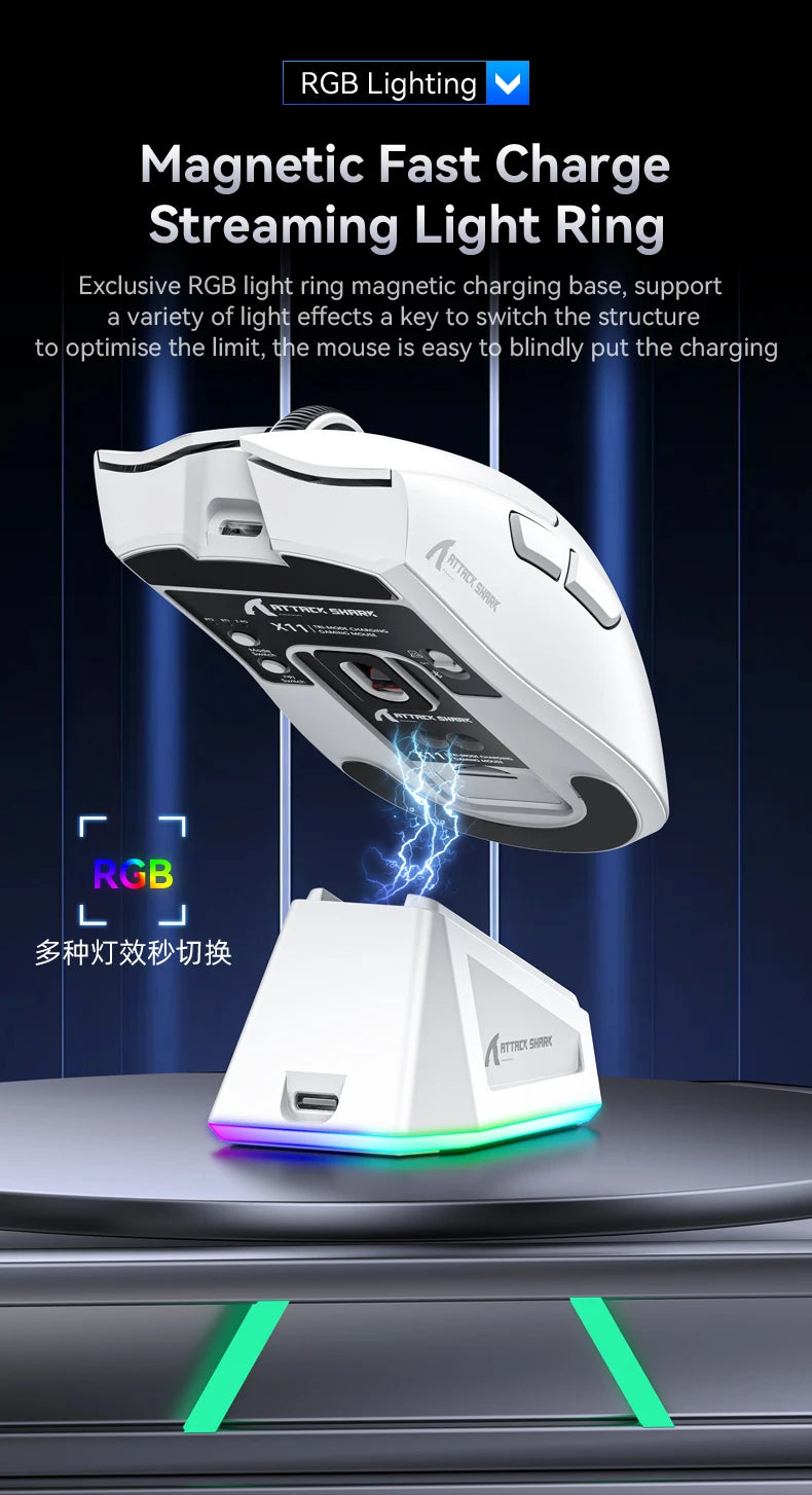 Attack Shark X11 Wireless Mouse,Bluetooth/2.4G/wired Tri-Mode Mouse ,PAW3311 RGB Magnetic charging dock Gaming Mouse