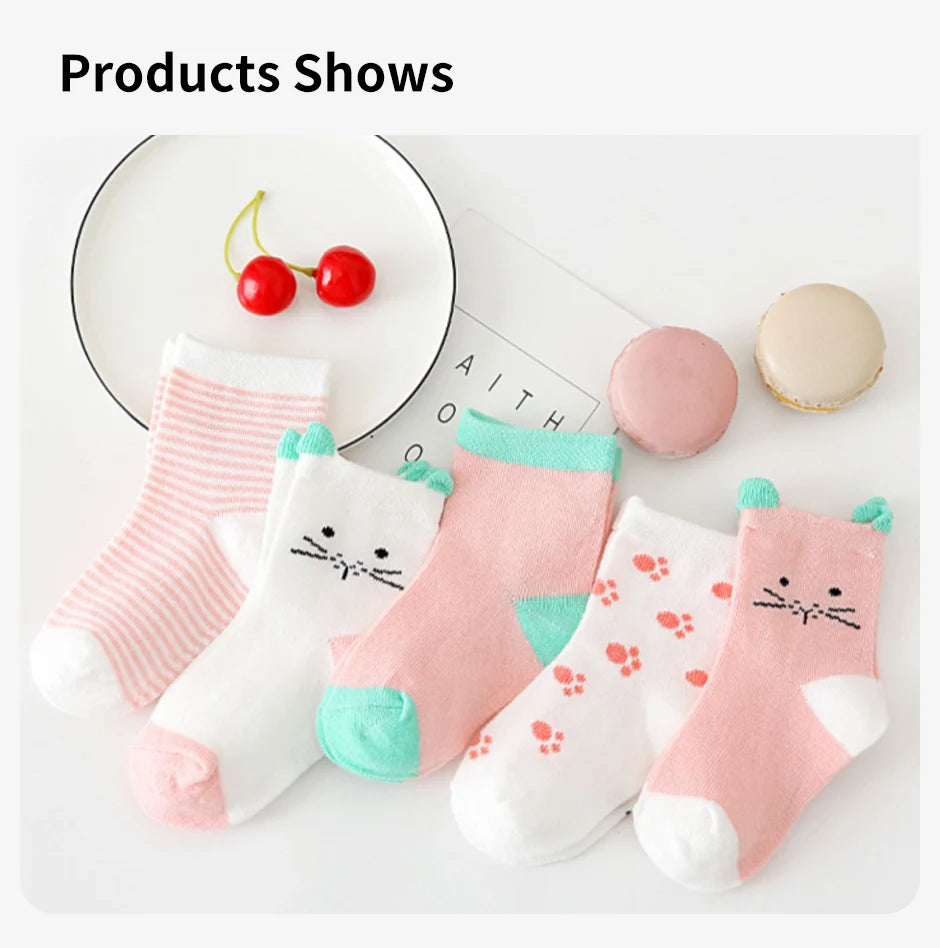 5 Pairs Cartoon Baby Socks Spring Autumn Stripe Dot Girls Boys Ankle Socks Soft Toddler Kids Short Socks