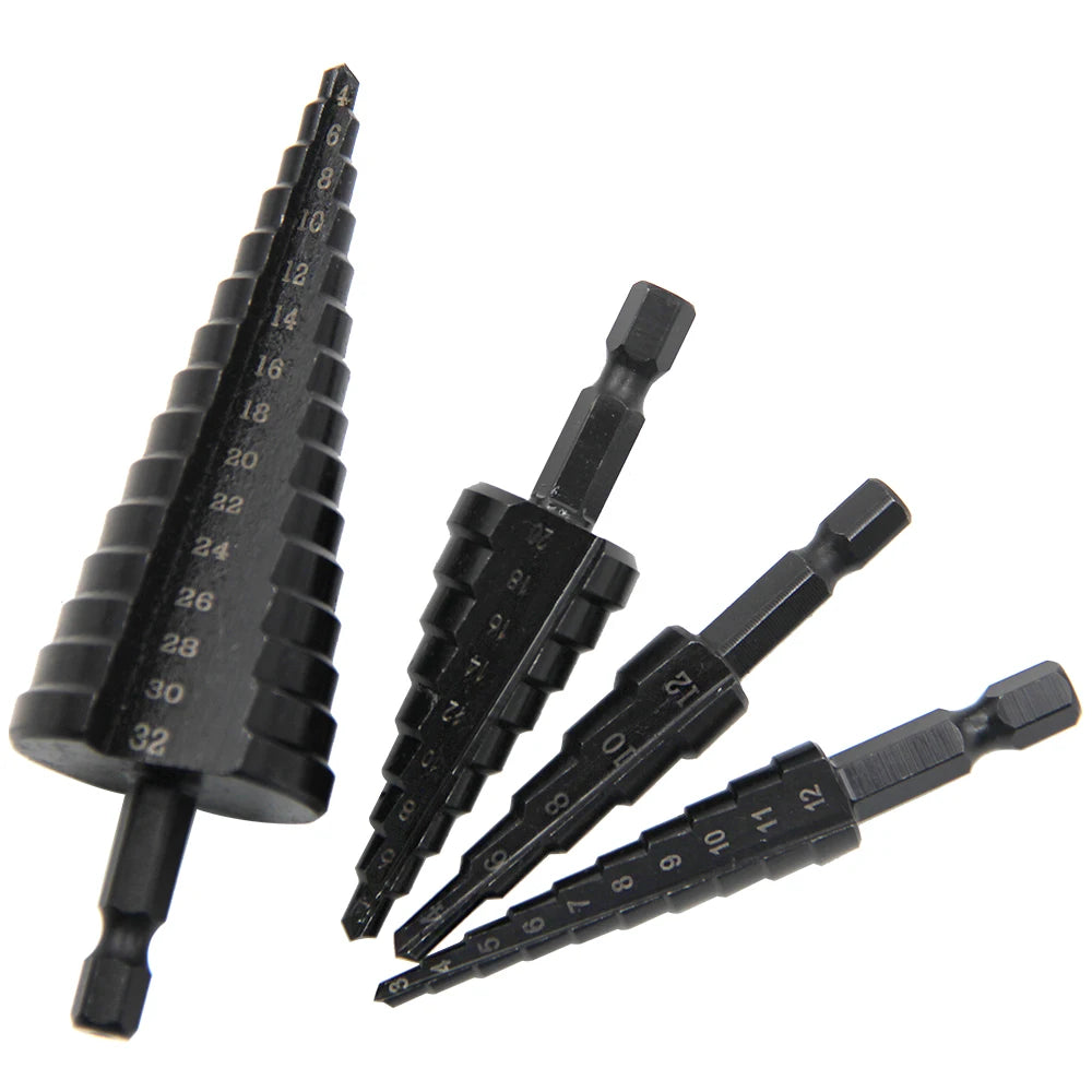 Hexagonal shank straight groove black step drill bit 3-12/4-12/4-20/4-32mm reaming step drill tower drill tool set