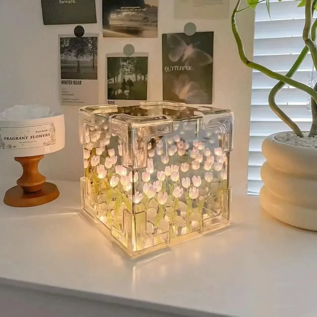 DIY Handmade Tulip Mirror Cube Lamp Simulation Flower Bedroom Sleeping Table Lamp Craft Tulips Mirror Night Light Birthday Gift