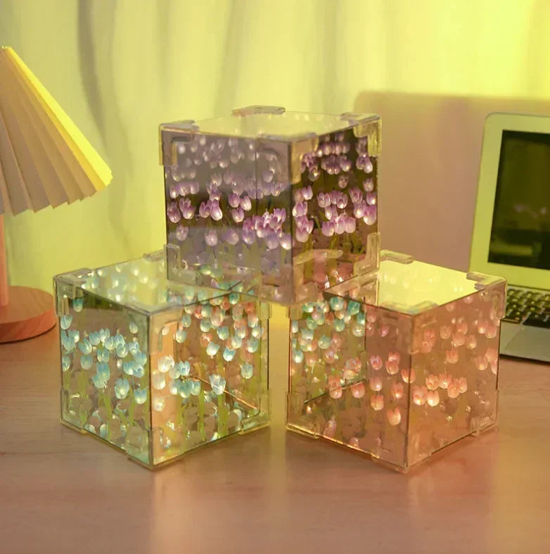 DIY Handmade Tulip Mirror Cube Lamp Simulation Flower Bedroom Sleeping Table Lamp Craft Tulips Mirror Night Light Birthday Gift