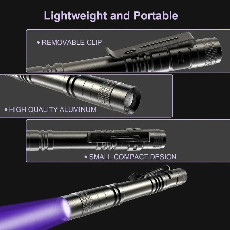 365nm UV Flashlight Ultraviolet Torch With Pen Clip Portable Violet Light Pet Urine Scorpion Detector UV Lamp Use AAA Batteries