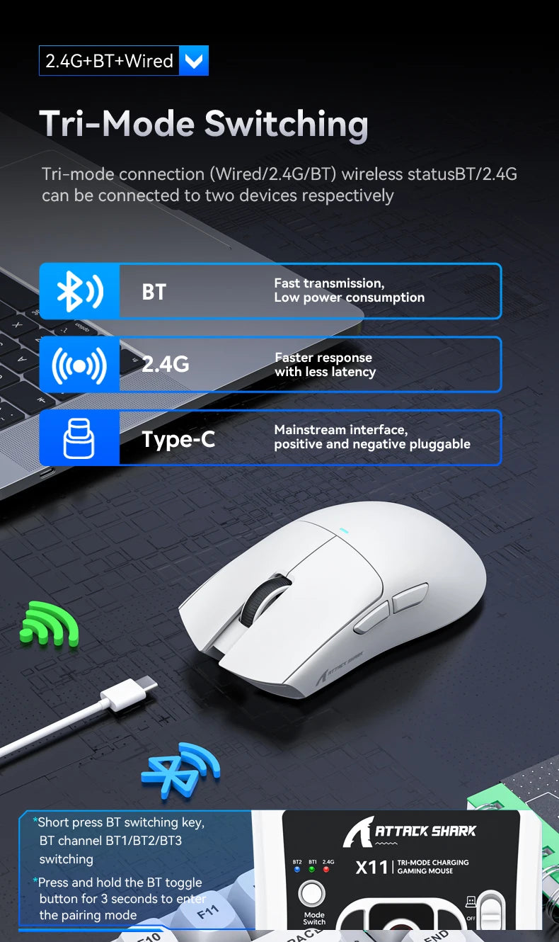 Attack Shark X11 Wireless Mouse,Bluetooth/2.4G/wired Tri-Mode Mouse ,PAW3311 RGB Magnetic charging dock Gaming Mouse