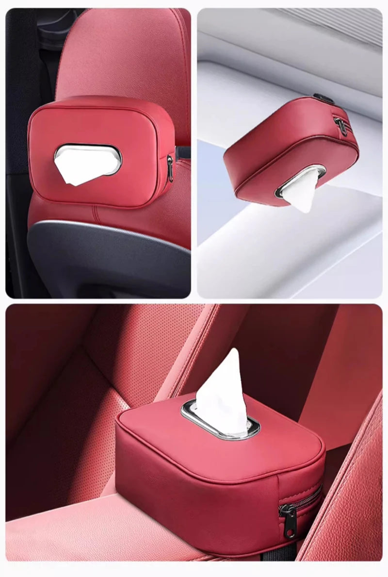 Car Tissue Box Holder - Microfiber Leather Center Console Armrest Napkin Box, Sun Visor, Backseat Tissue Case with Strap.