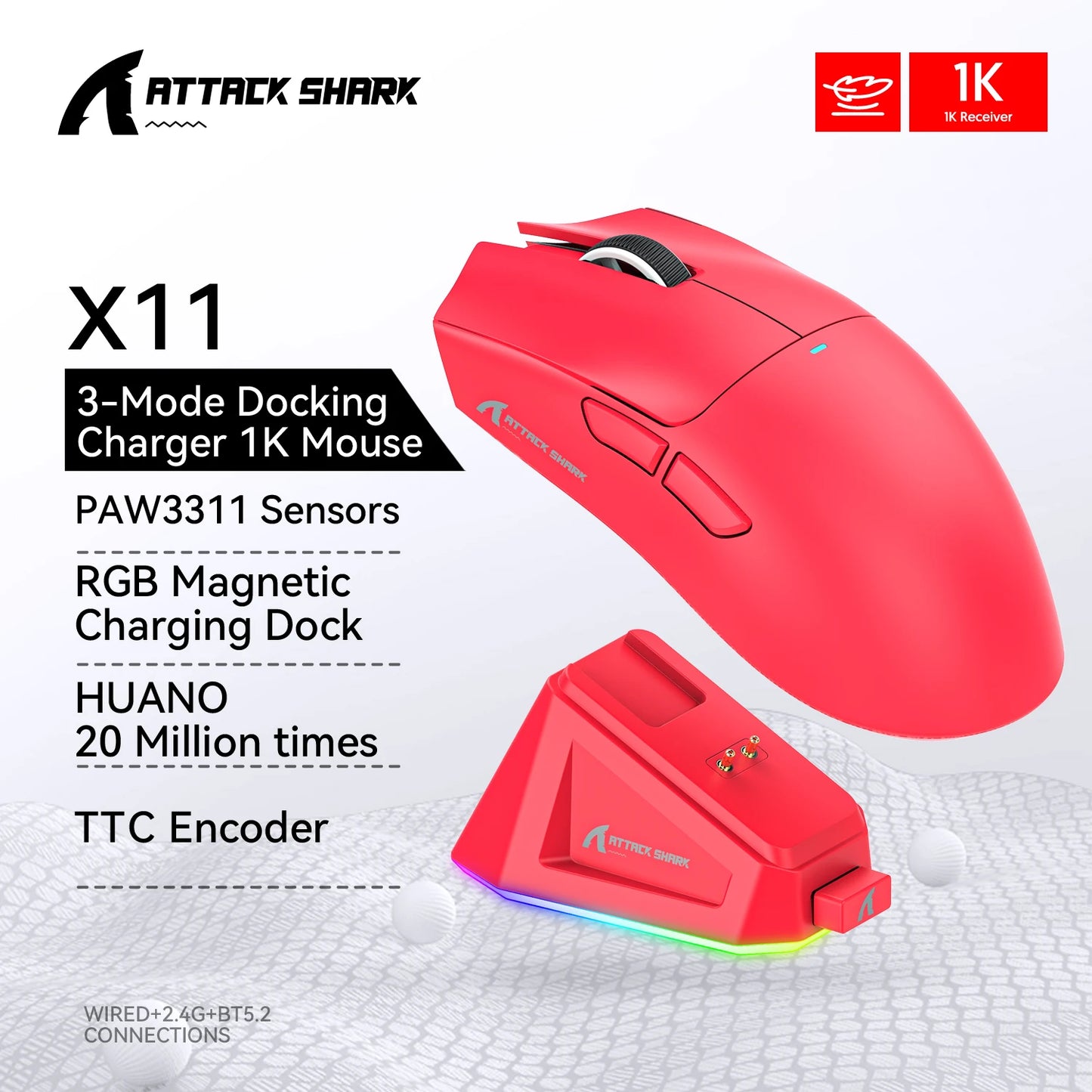 Attack Shark X11 Wireless Mouse,Bluetooth/2.4G/wired Tri-Mode Mouse ,PAW3311 RGB Magnetic charging dock Gaming Mouse